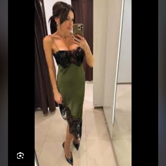 Zara Asymmetrical Satin Effect Lace Dress ZW Collection GREEN XL - Picture 8 of 10
